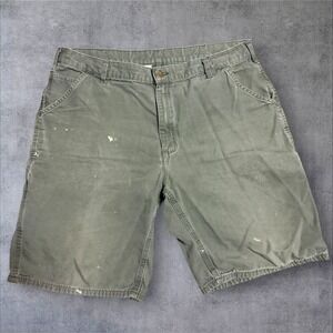 Vintage Carhartt Carpenter Shorts Men 38 Green Washed Duck Canvas Distressed